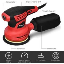 COSTWAY Exzenterschleifer Schleifmaschine Mit 15 Schleifpapier / 6 Geschwindigkeiten / 6000-12000O RPM / 280W / 125mm Durchmesser/mit Staubabsaugung/Ideal Fuer Heimwerkerarbeiten -Poliermaschinen & Schleifmaschinen Verkaufsladen 18667595 3