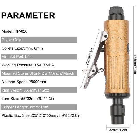 HAPPYSHOPPING Mini-Luft-Geradschleifer-Set 25000 U / Min Pneumatisches Luftpolieren-Rotationswerkzeug-Kit Ausgestattet Mit 1/4-Zoll 1/8-Zoll-Spannzangen, 2 Schraubenschlüsseln Und 10 Stück Schleifstein KP-620,KP-620, Gold 3 HAPPYSHOPPING Mini-Luft-Geradschleifer-Set 25000 U / Min Pneumatisches Luftpolieren-Rotationswerkzeug-Kit Ausgestattet Mit 1/4-Zoll 1/8-Zoll-Spannzangen, 2 Schraubenschlüsseln Und 10 Stück Schleifstein KP-620,KP-620, Gold – Bild 3
