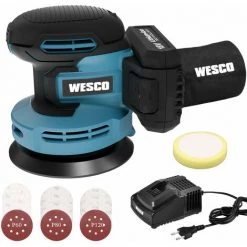 WESCOTOOLS Akku Exzenterschleifer, WESCO 18V 2.0Ah Akku Schleifer Mit Akku, Schleifmaschine Ø 125mm, Staubfangbehälter, Ladegeräte, 6 Leistungsstufe Von 3000 Bis Zu 11000/min, 12PCS Schleifpapier, Polierschwamm