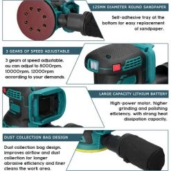 HAPPYSHOPPING Akku-Elektroschleifer 8000/10000/12000 U / Min 3-Gang-Getriebe Einstellbarer Holzschleifer Polierer Multifunktionale Polierschleifmaschine Kompatibel Mit Makita-Akku,125mm Rund, Multicolor -Poliermaschinen & Schleifmaschinen Verkaufsladen 51514358 5