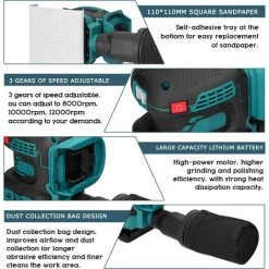 HAPPYSHOPPING Akku-Elektroschleifer 8000/10000/12000 U / Min 3-Gang-Getriebe Einstellbarer Holzschleifer Polierer Multifunktionale Polierschleifmaschine Kompatibel Mit Makita-Akku,110x110mm Square, Multicolor -Poliermaschinen & Schleifmaschinen Verkaufsladen 51514631 5