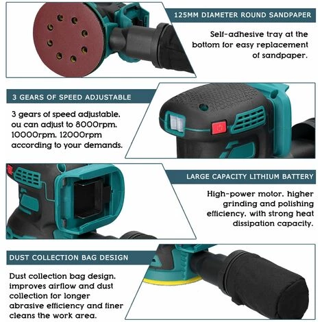 LIFCAUSAL Akku-Elektroschleifer 8000/10000/12000 U / Min 3-Gang-Getriebe Einstellbarer Holzschleifer Polierer Multifunktionale Polierschleifmaschine Kompatibel Mit Makita-Akku 5 LIFCAUSAL Akku-Elektroschleifer 8000/10000/12000 U / Min 3-Gang-Getriebe Einstellbarer Holzschleifer Polierer Multifunktionale Polierschleifmaschine Kompatibel Mit Makita-Akku – Bild 5