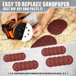 GIZCAM Exzenterschleifer, 450 W, 13000 U/min, Multifunktionsschleifer Mit Zusatzhandgriff, 6 Geschwindigkeiten, Mit 3 Polierzubehörteilen, 20 X Schleifpapier (Körnung 80/120/180/240)