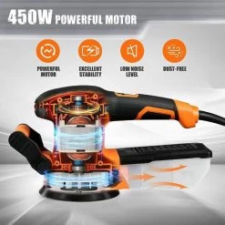 GIZCAM Exzenterschleifer, 450 W, 13000 U/min, Multifunktionsschleifer Mit Zusatzhandgriff, 6 Geschwindigkeiten, Mit 3 Polierzubehörteilen, 20 X Schleifpapier (Körnung 80/120/180/240) -Poliermaschinen & Schleifmaschinen Verkaufsladen 67676517 5