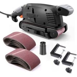 FEMOR Bandschleifer 3 × 18 Zoll Mit 13 Schleifbändern, Tischschleifer Mit Variabler Geschwindigkeitsregelung, Festen Schraubklemmen, Staubbox, Vakuumadaptern, 10 Fuß (3 Meter) Langem Netzkabel B10