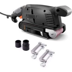 HAPPYSHOPPING 600W Elektrische Bandschleifmaschine Für Holz Variable Geschwindigkeit Power Sander Holzbearbeitung Poliermaschine Mit Dust Collection Box, 2 Staubsauger-Adapter, Verstellbare Schraubklemme